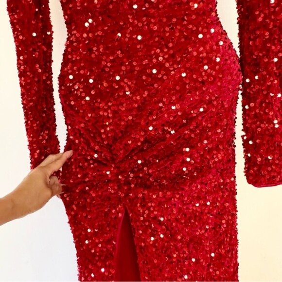 FAERIESTY red Sweetheart Neck Split Thigh Sequin Formal Dress XSmall - Picture 4 of 15